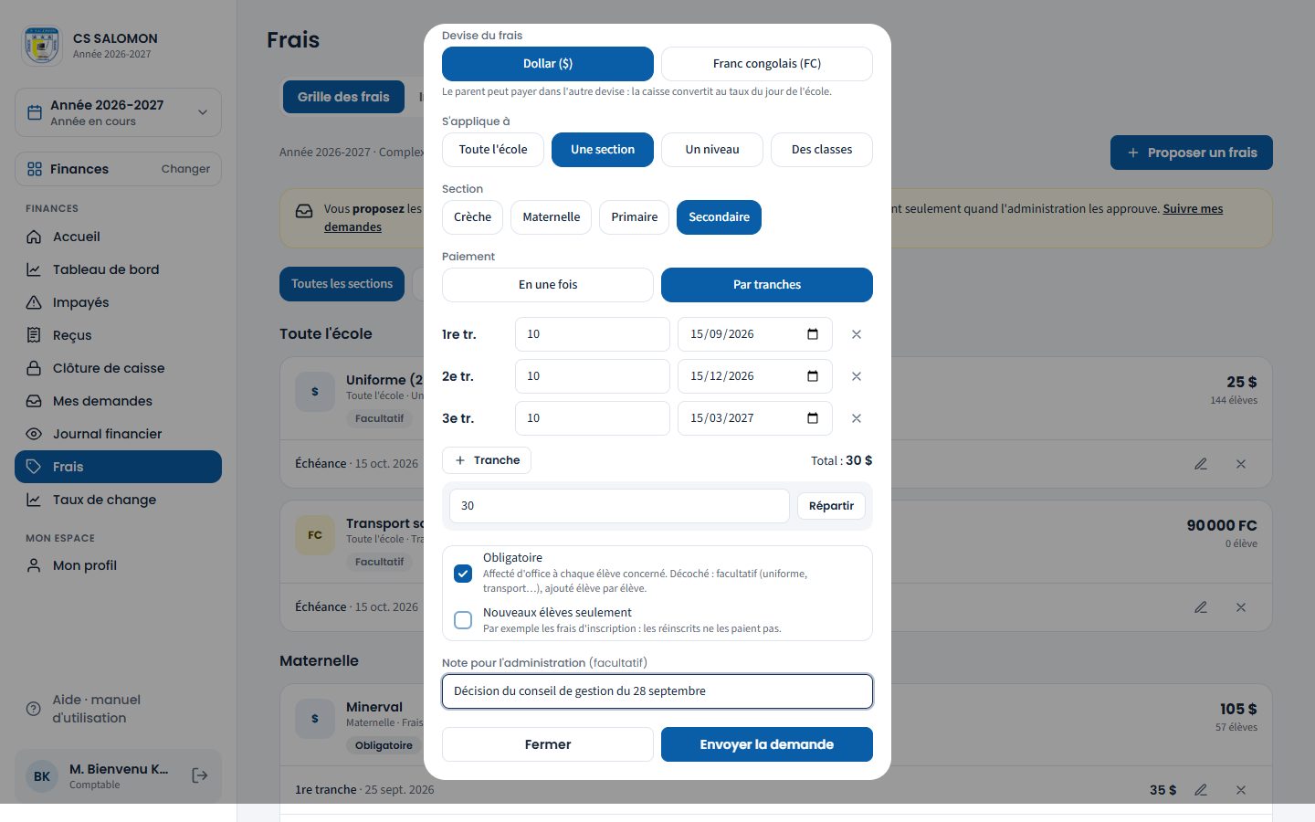 Proposition d'un frais en trois tranches (ordinateur)