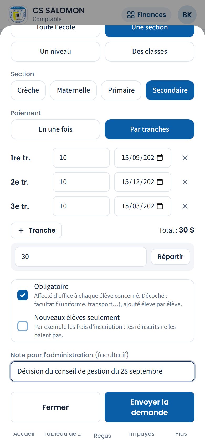 Proposition d'un frais en trois tranches (téléphone)