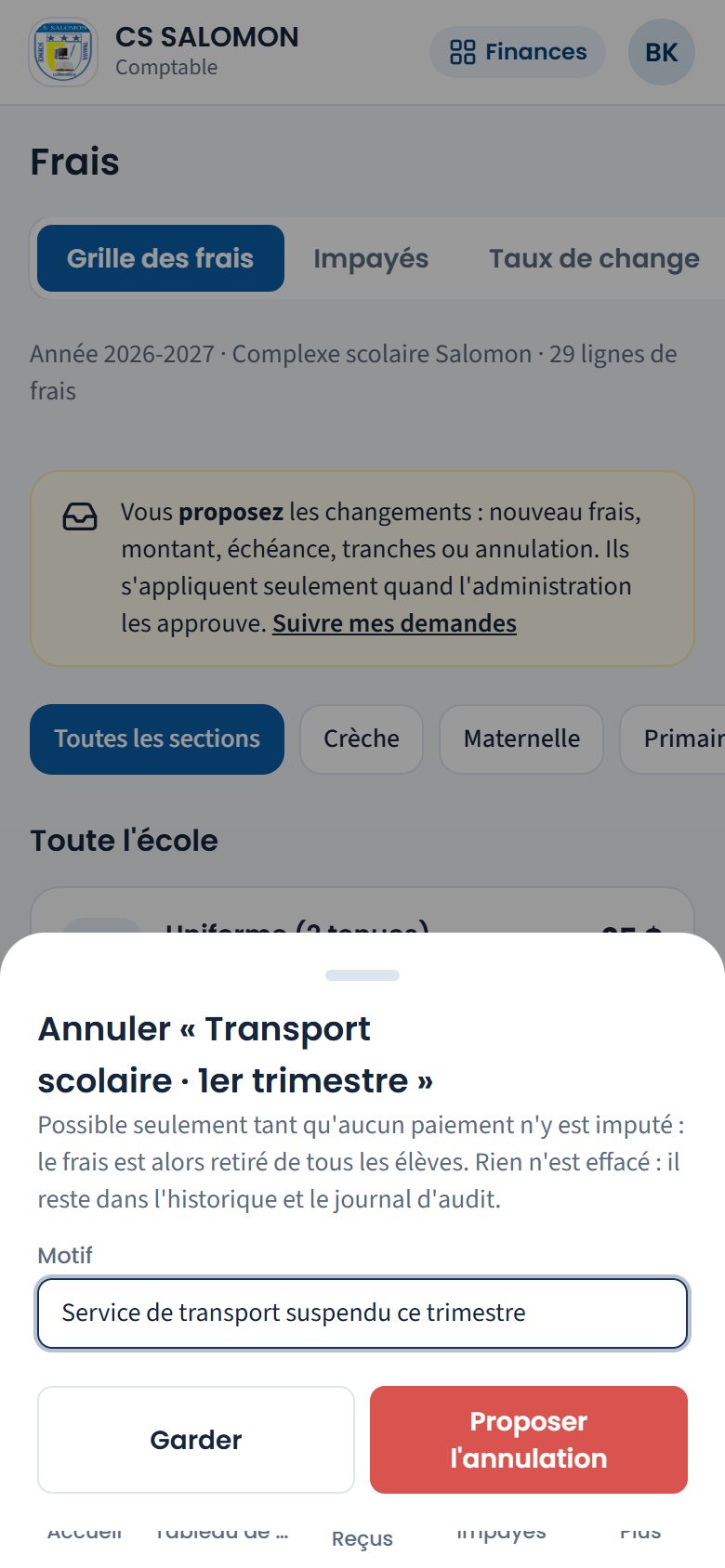 Proposition d'annulation d'un frais (téléphone)