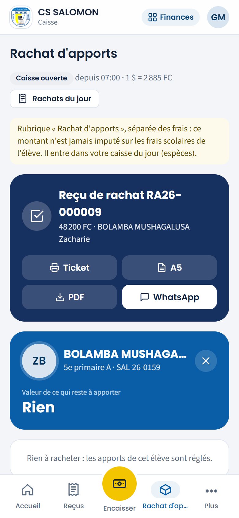 Reçu de rachat tout juste émis (téléphone)