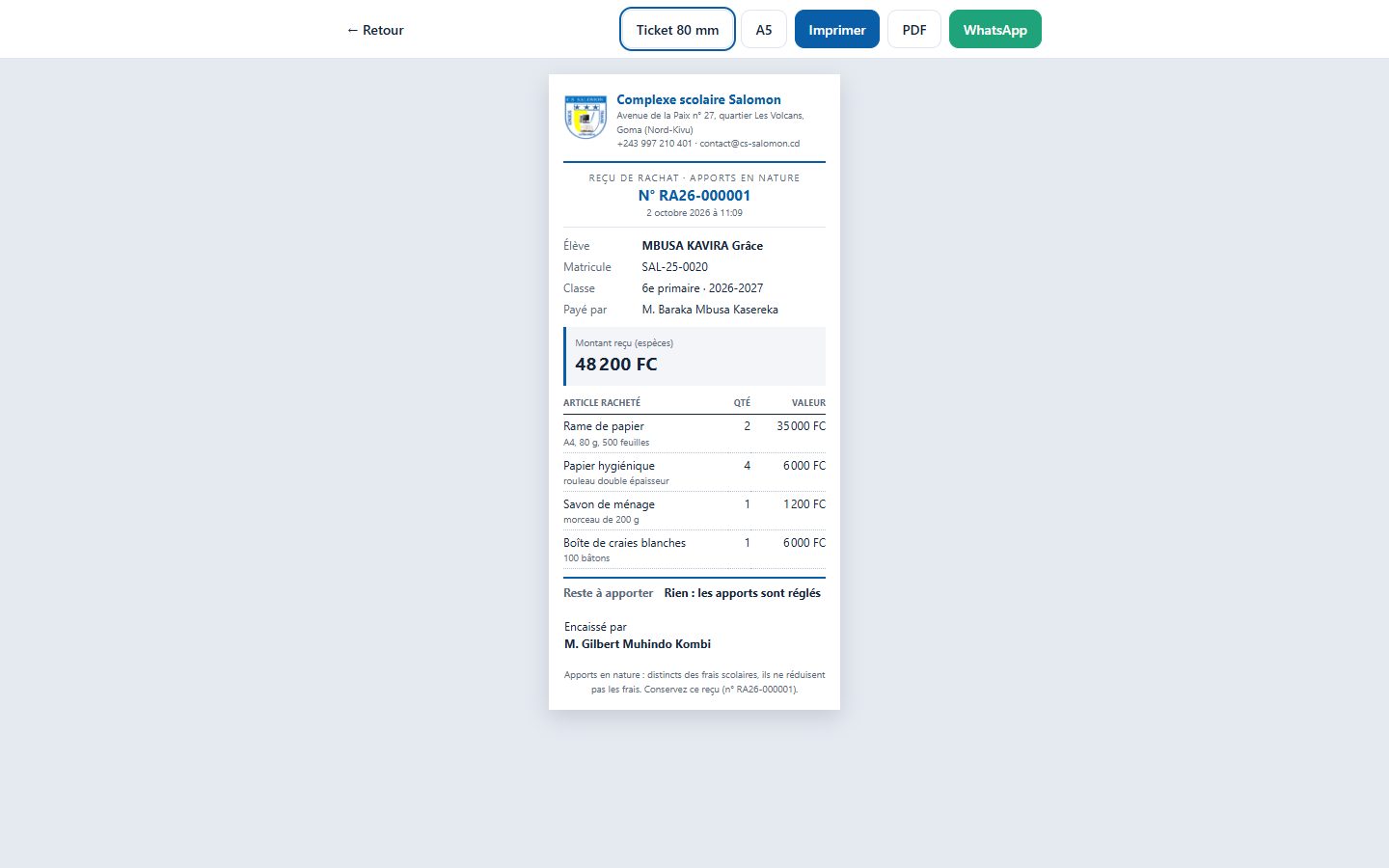 Reçu de rachat au format ticket (ordinateur)