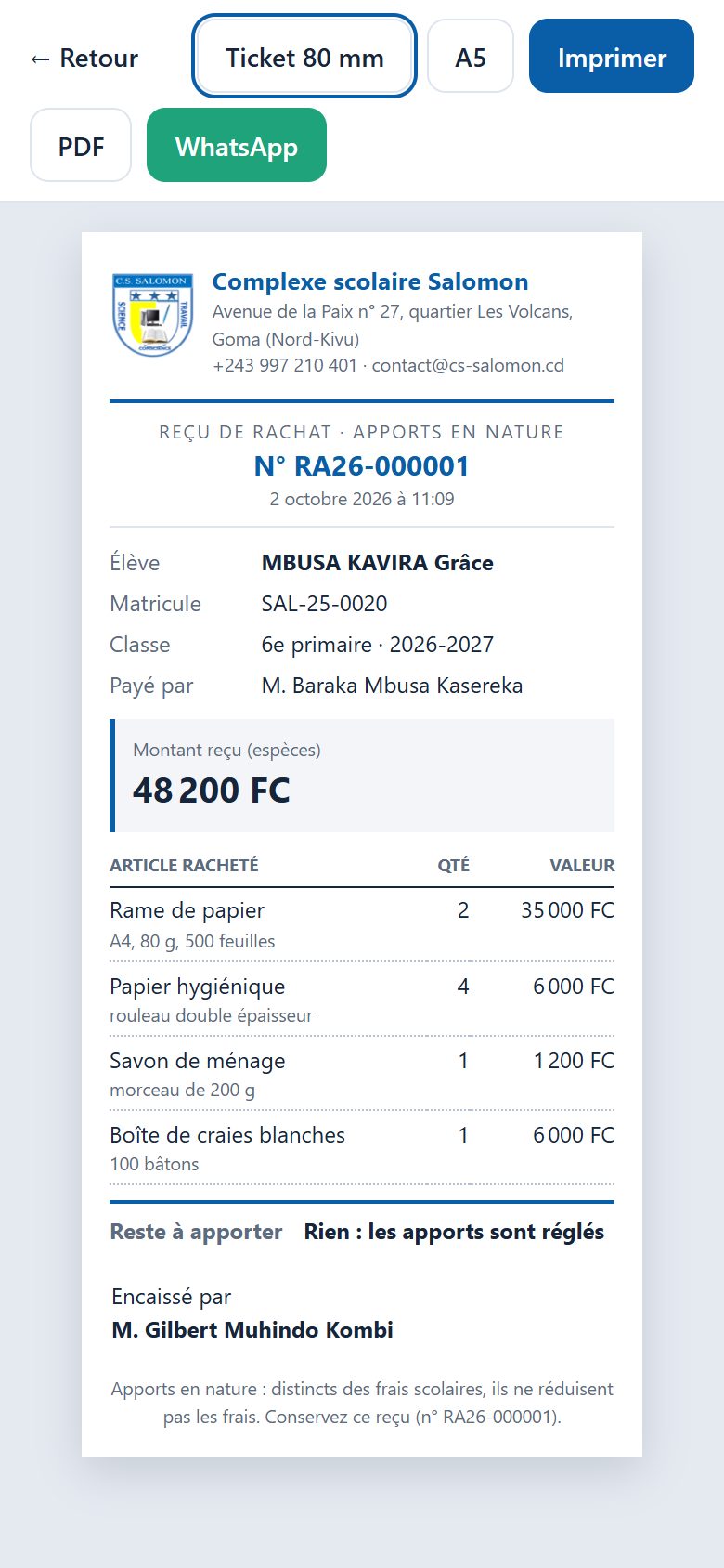 Reçu de rachat au format ticket (téléphone)