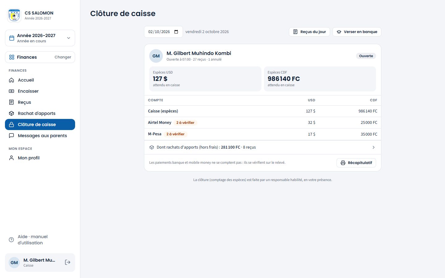 Clôture de caisse avec rachats d'apports (ordinateur)