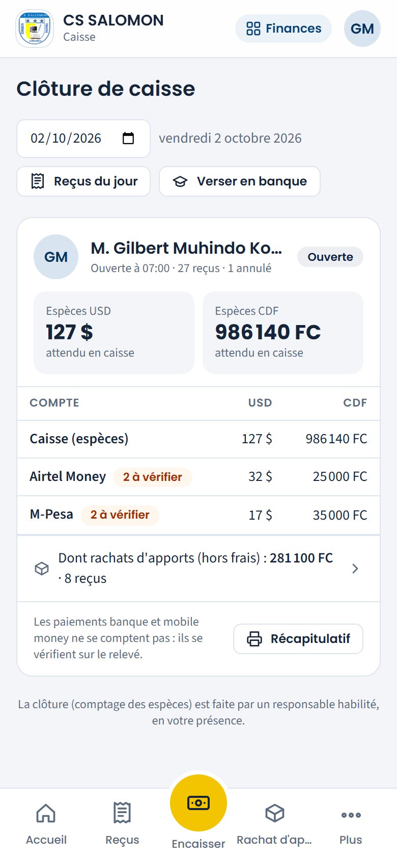 Clôture de caisse avec rachats d'apports (téléphone)