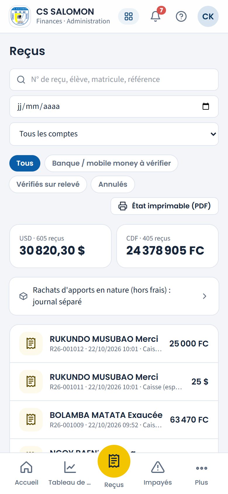 Journal des reçus (téléphone)