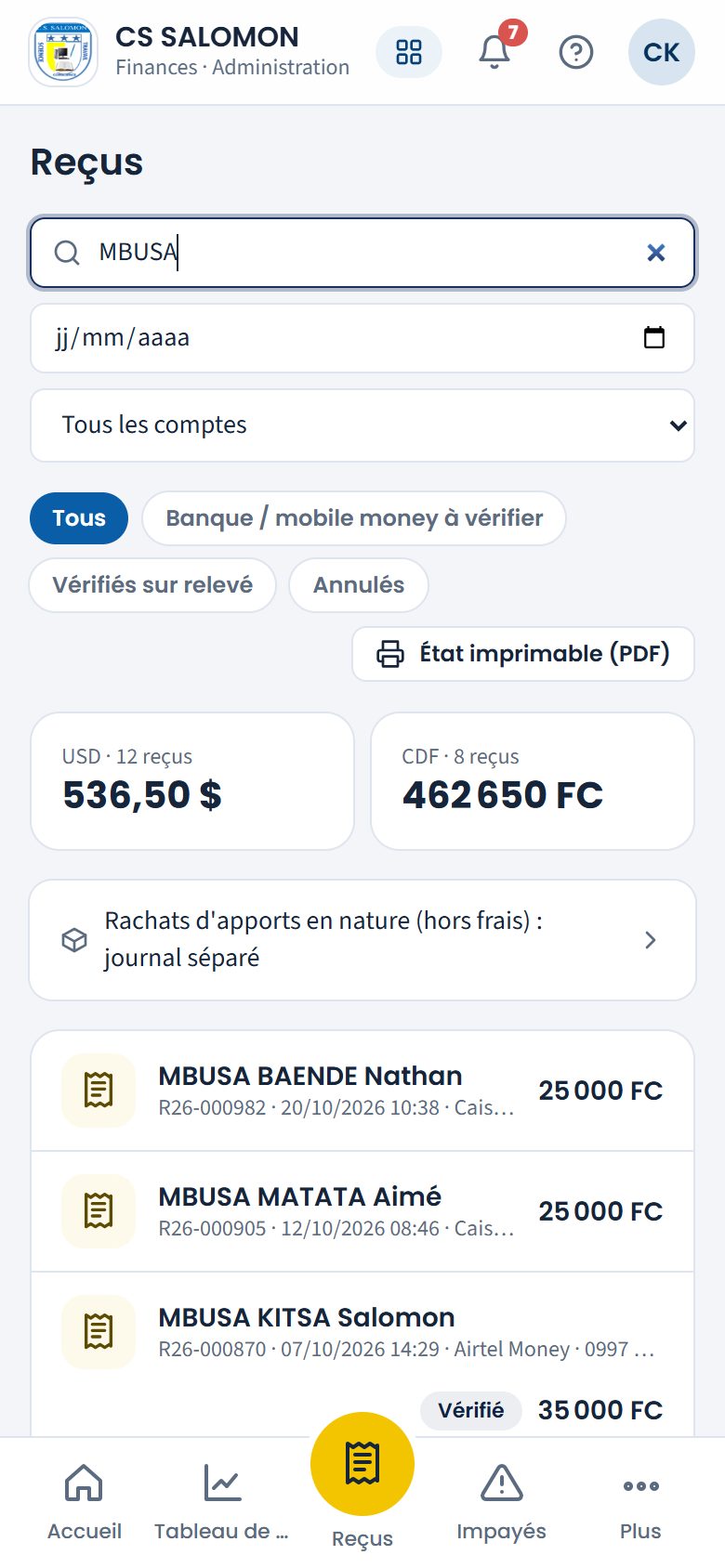 Recherche d'un reçu par nom (téléphone)