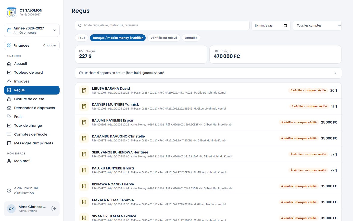 Paiements banque et mobile money à vérifier (ordinateur)