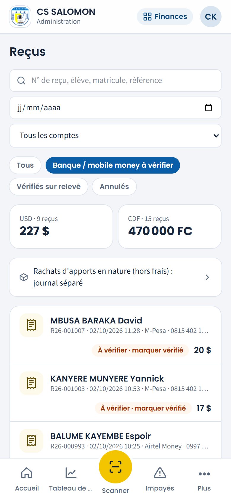 Paiements banque et mobile money à vérifier (téléphone)