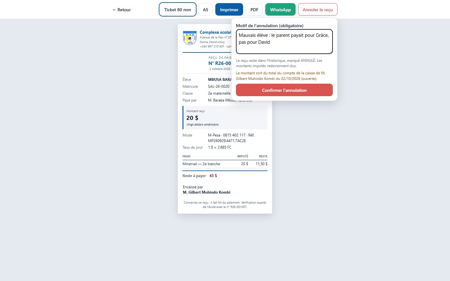 Annulation d'un reçu avec son motif (ordinateur)