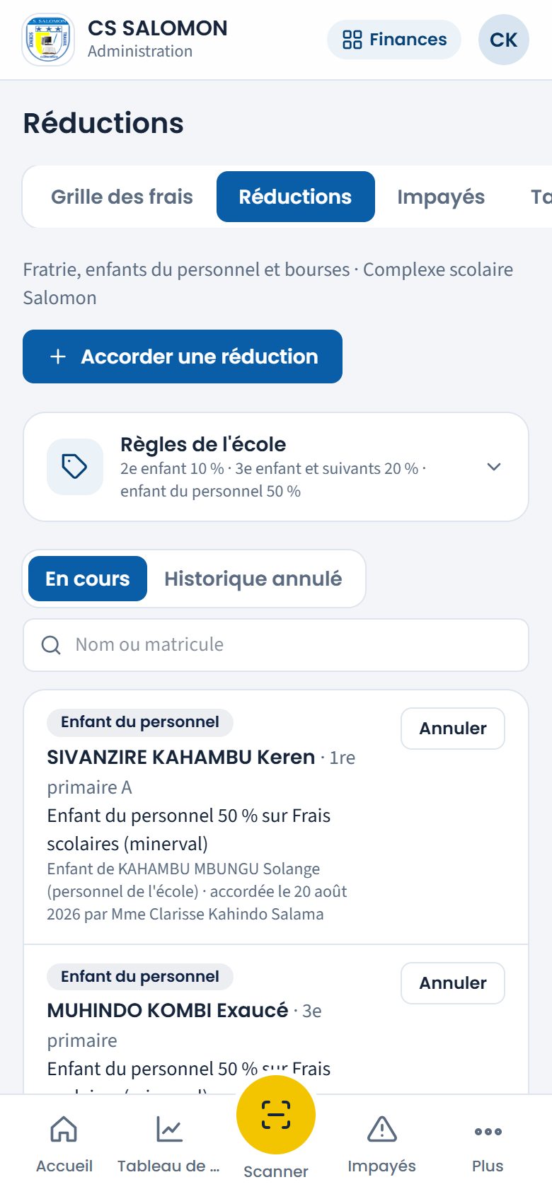Onglet Réductions (téléphone)