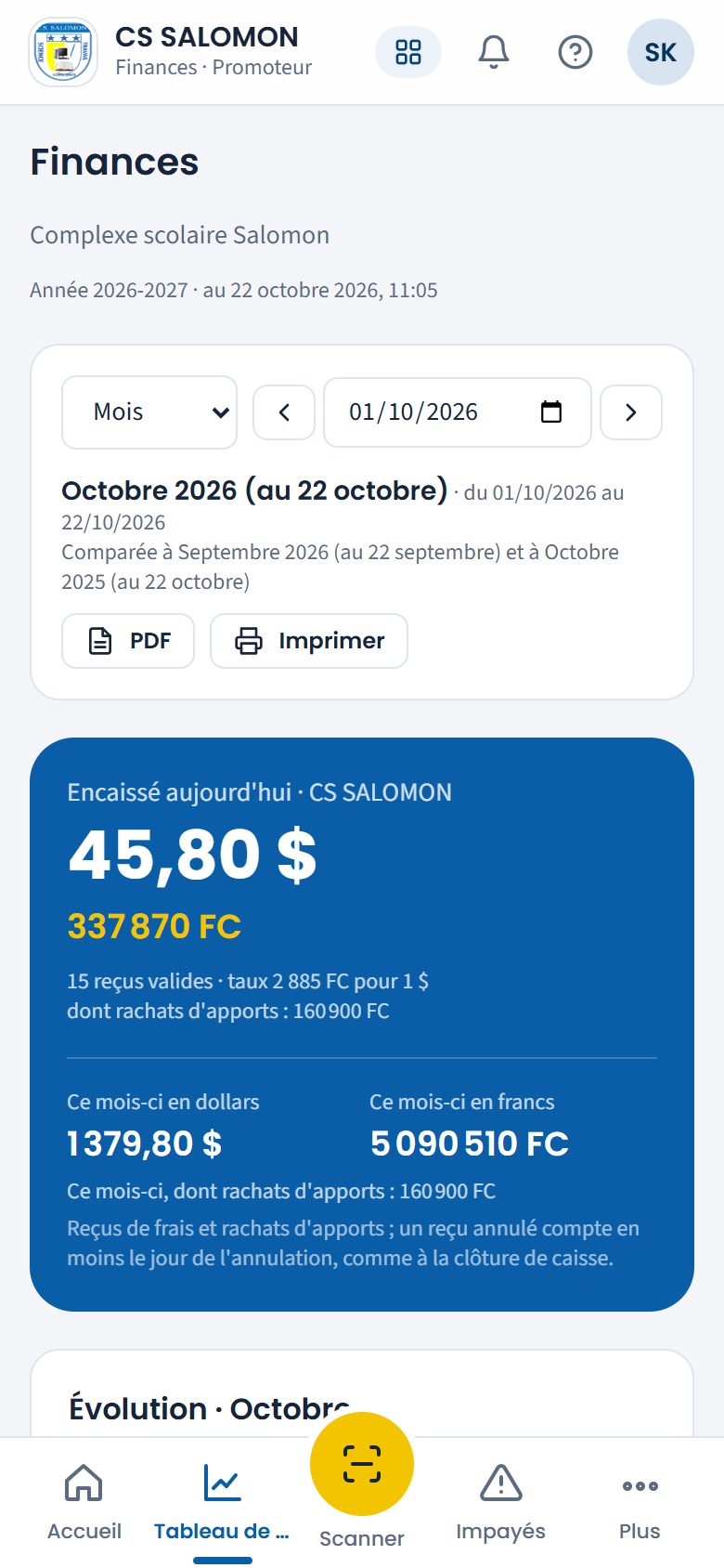 Tableau de bord financier du promoteur (téléphone)