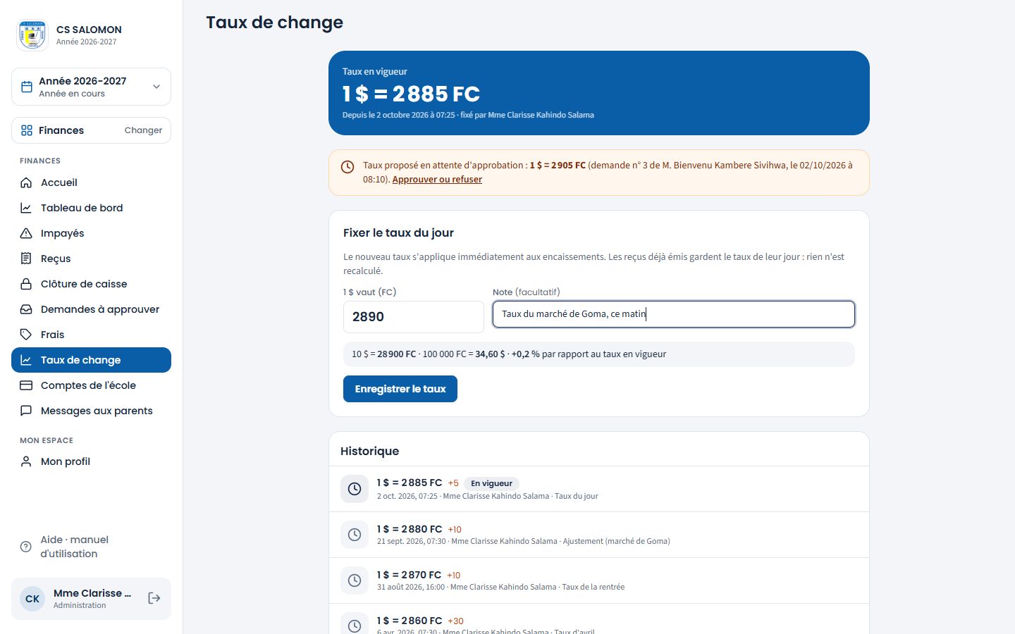Saisie du nouveau taux avec son contrôle (ordinateur)