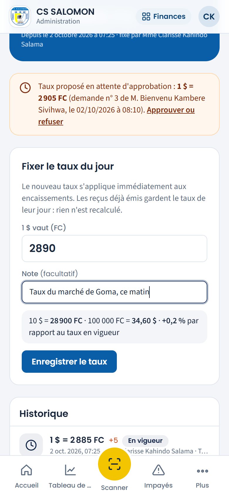 Saisie du nouveau taux avec son contrôle (téléphone)
