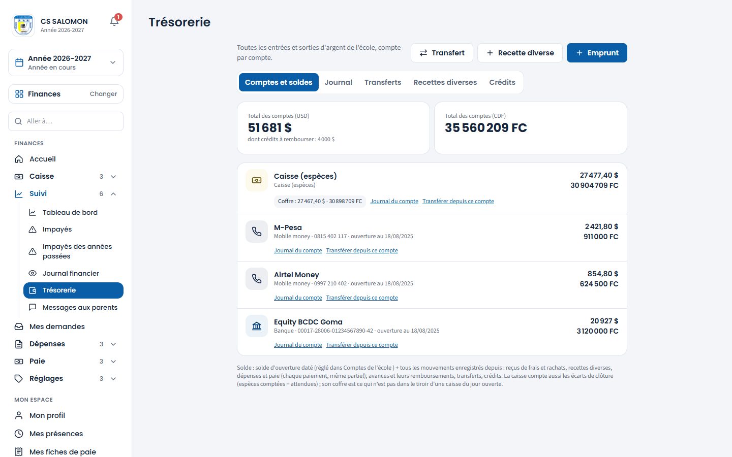 Comptes et soldes de la trésorerie (ordinateur)