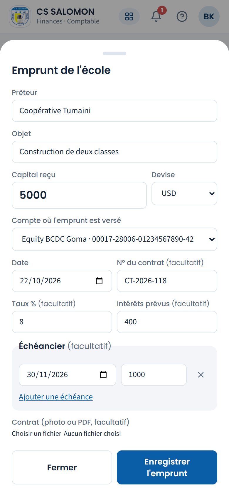 Fenêtre « Emprunt de l'école » (téléphone)