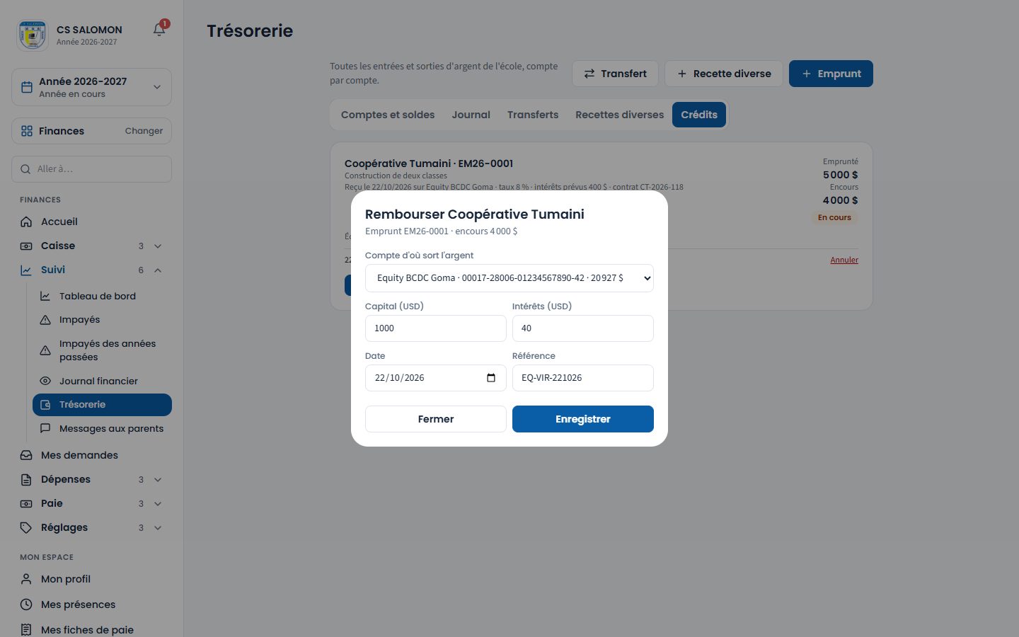 Fenêtre « Rembourser » (ordinateur)