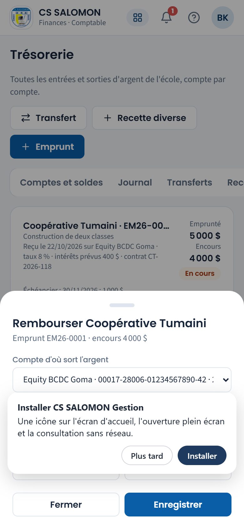 Fenêtre « Rembourser » (téléphone)