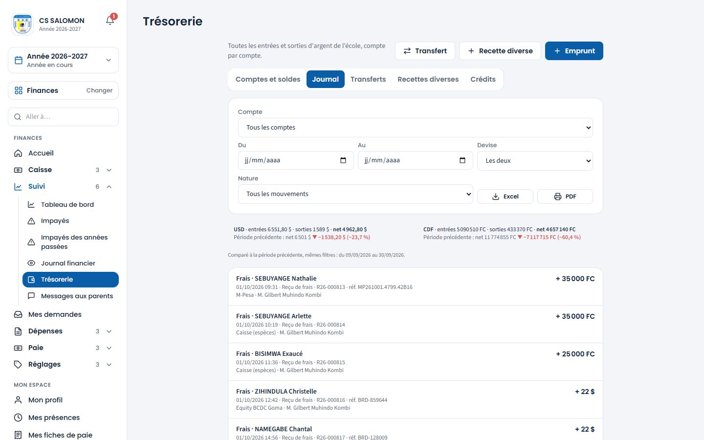 Journal de trésorerie, tous les comptes (ordinateur)
