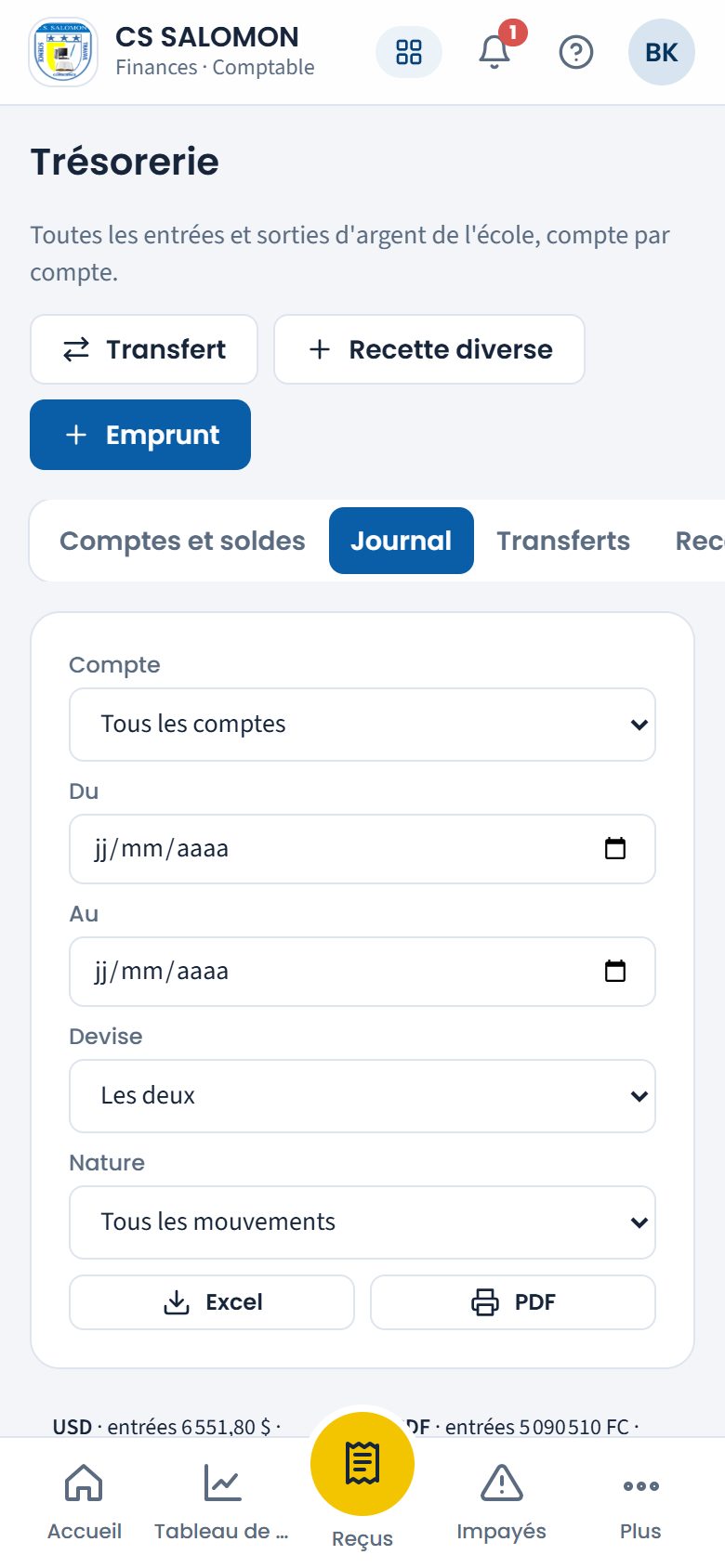 Journal de trésorerie, tous les comptes (téléphone)