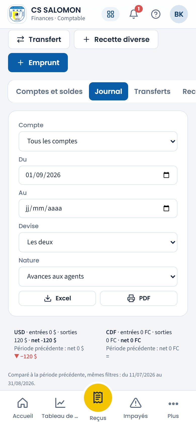 Journal filtré sur les avances aux agents (téléphone)