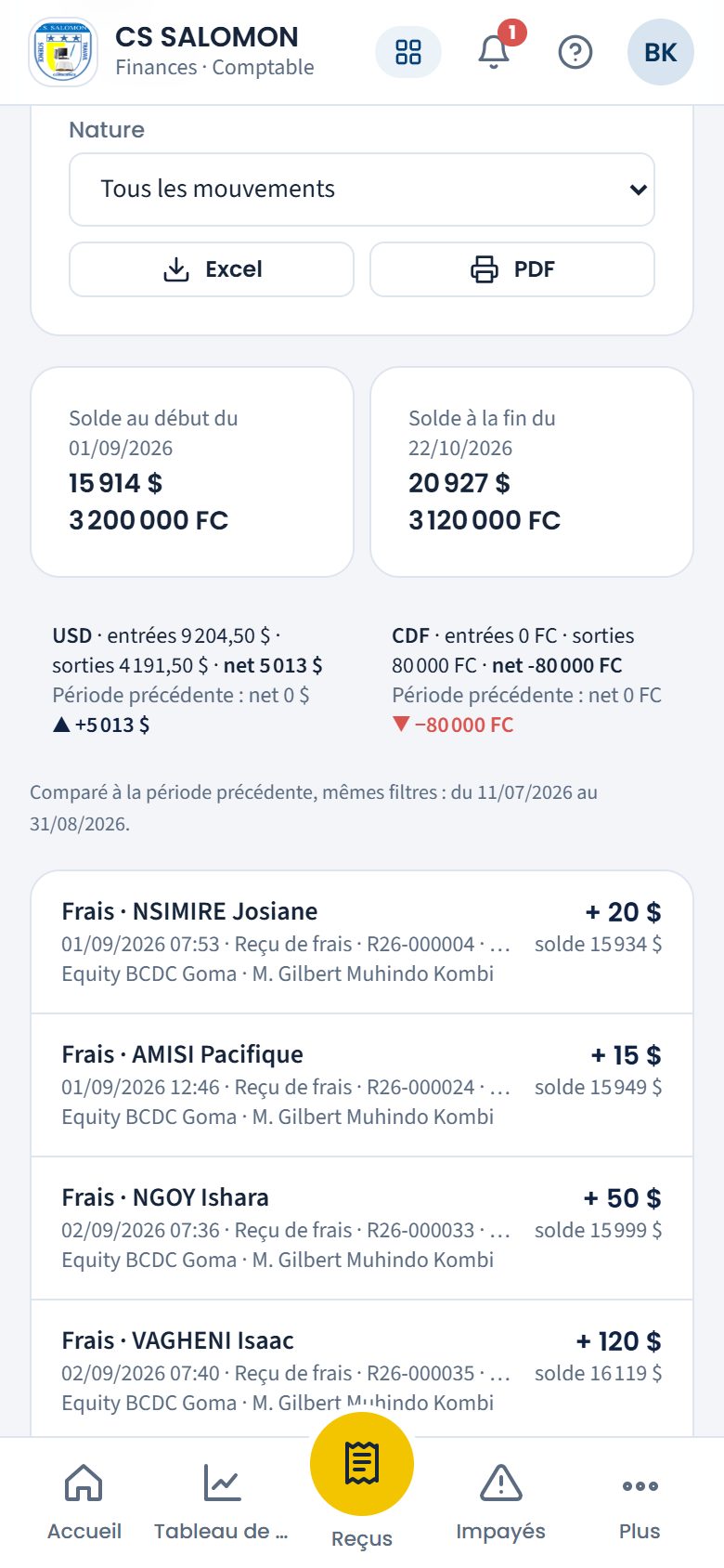 Journal d'un seul compte, avec son solde (téléphone)