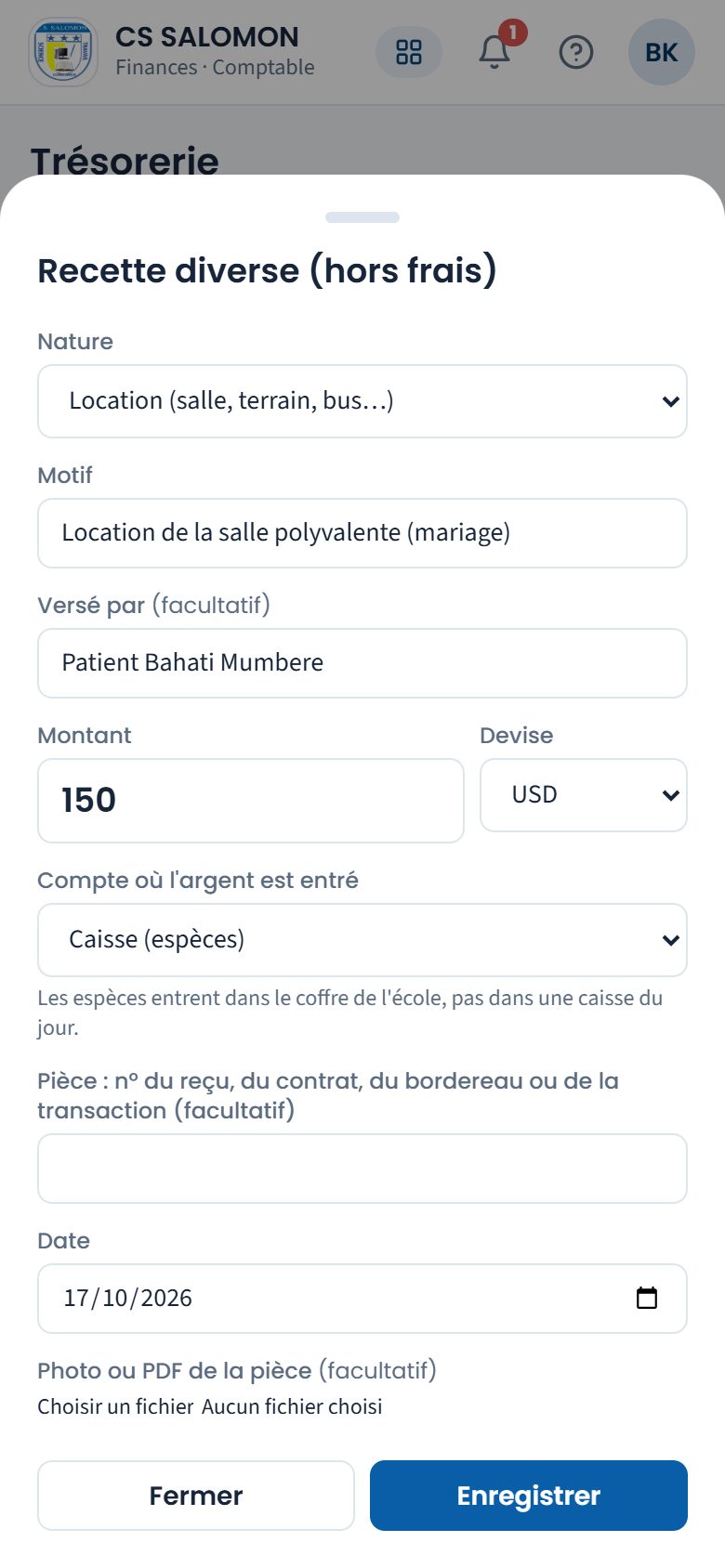 Fenêtre « Recette diverse (hors frais) » (téléphone)