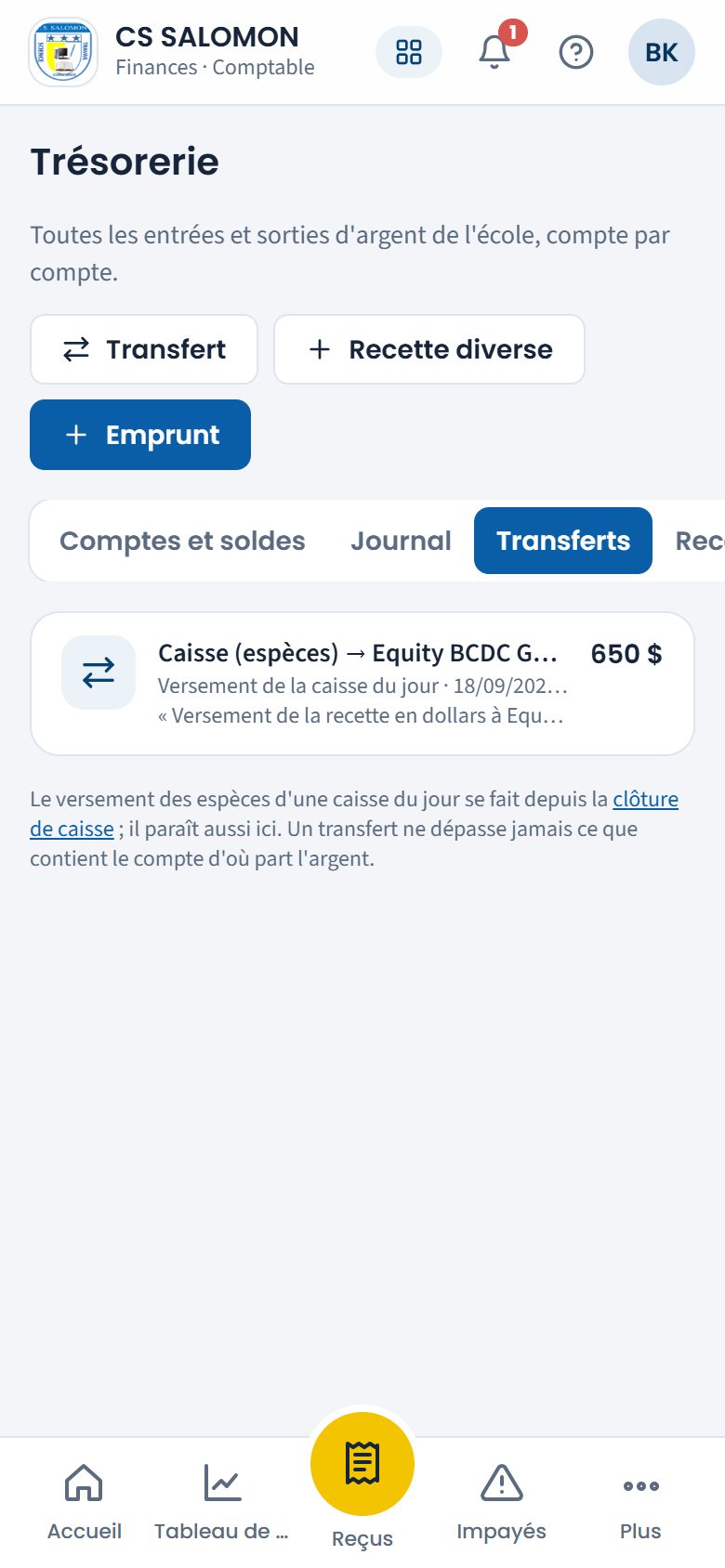 Liste des transferts entre comptes (téléphone)