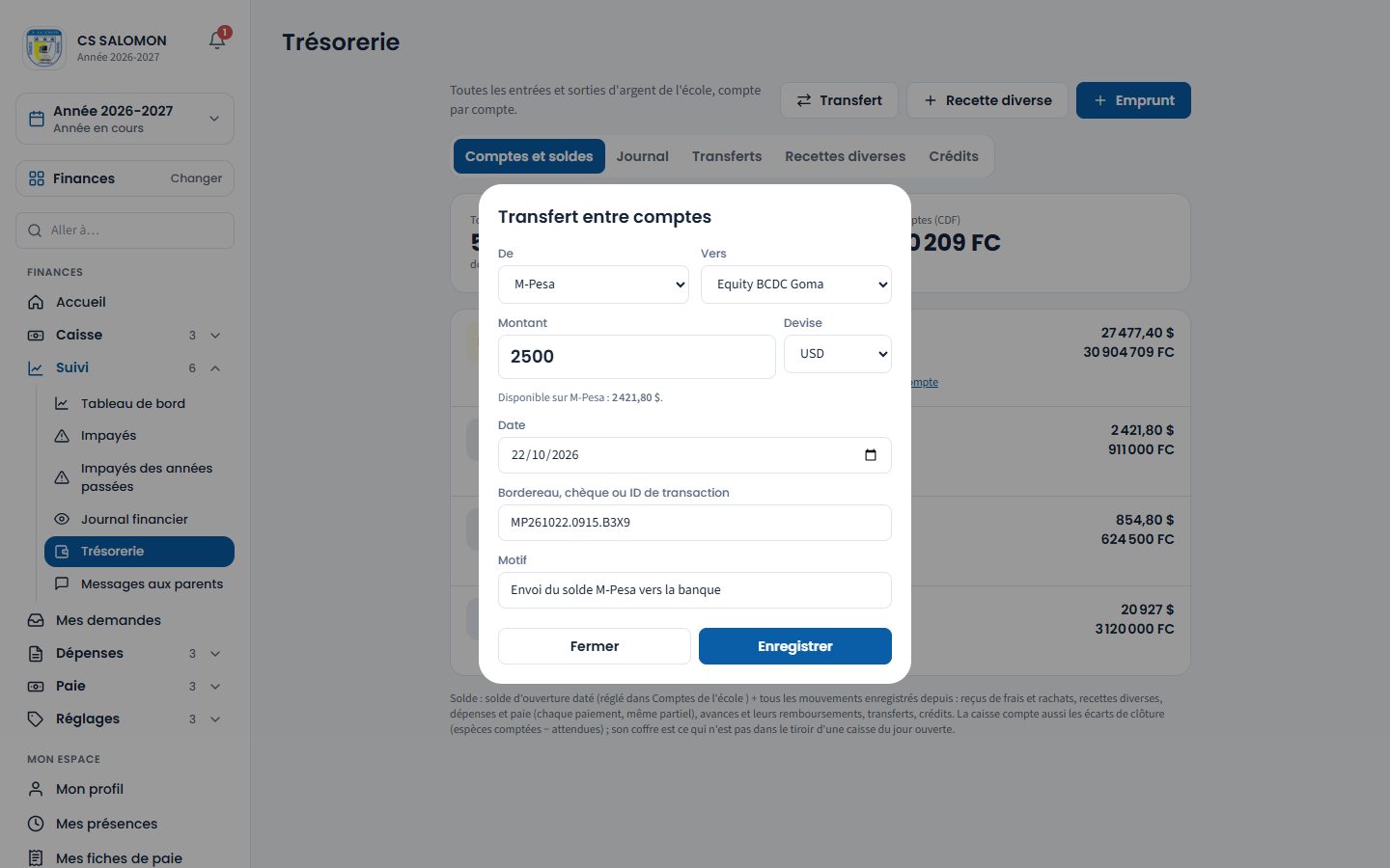 Fenêtre « Transfert entre comptes » (ordinateur)