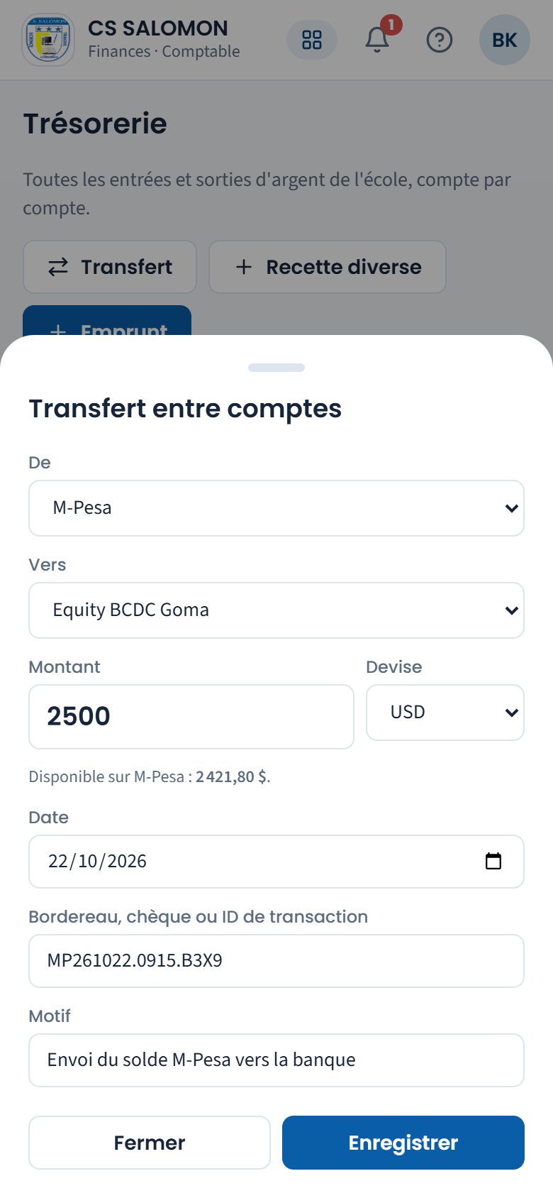 Fenêtre « Transfert entre comptes » (téléphone)
