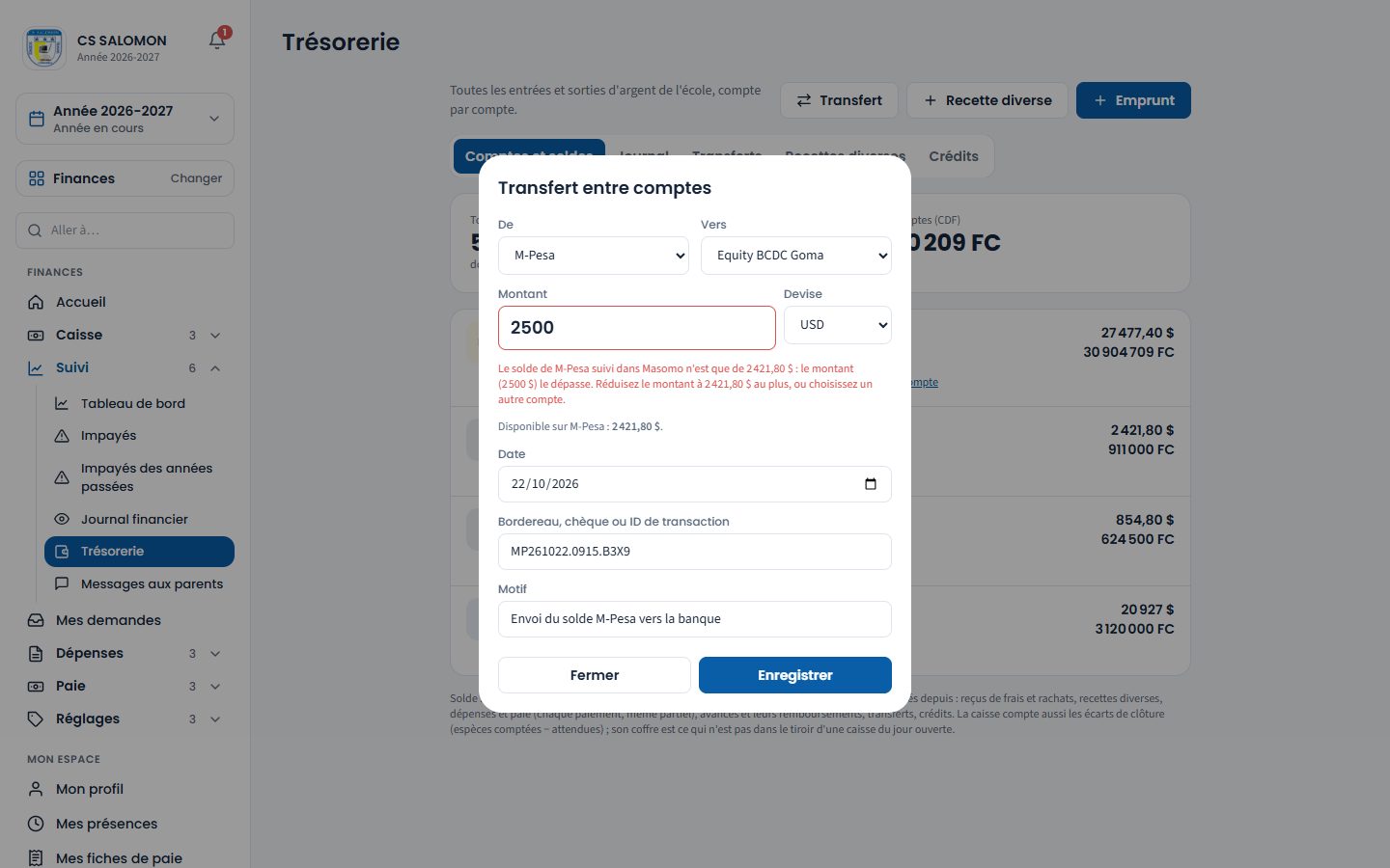 Transfert refusé au-delà du disponible (ordinateur)