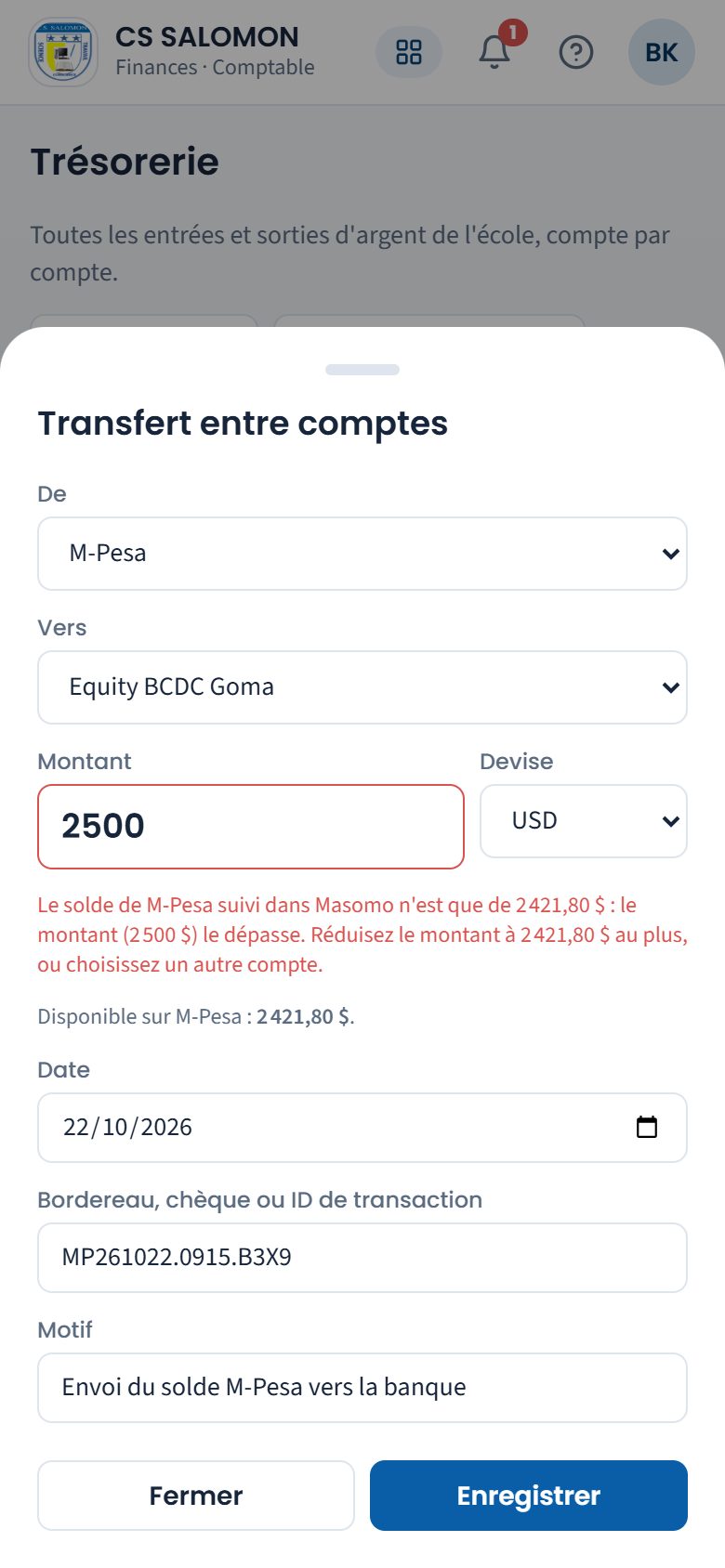 Transfert refusé au-delà du disponible (téléphone)