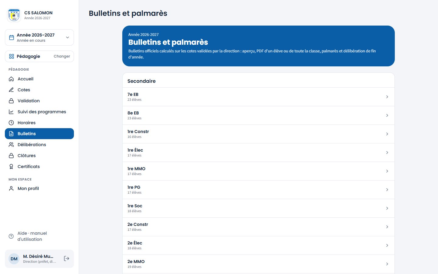 Classes du secondaire dans Bulletins et palmarès (ordinateur)