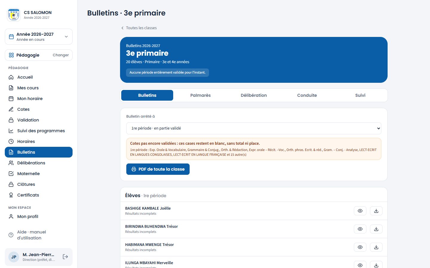Bulletin de 3e primaire arrêté à la 1re période (ordinateur)