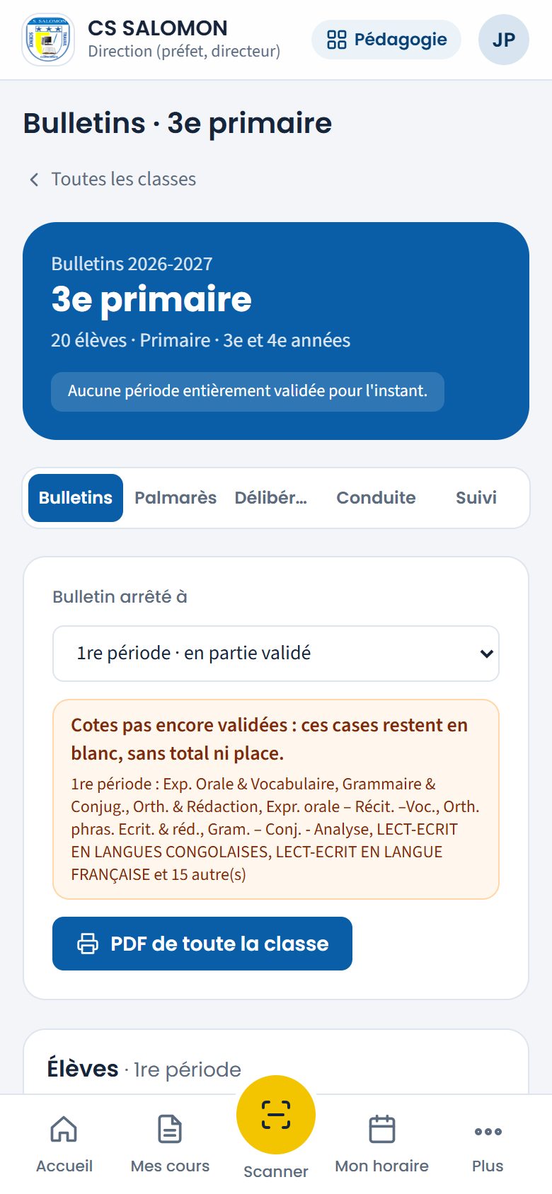 Bulletin de 3e primaire arrêté à la 1re période (téléphone)