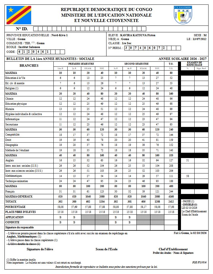 Bulletin officiel de fin d'année en 1re Soc (ordinateur)