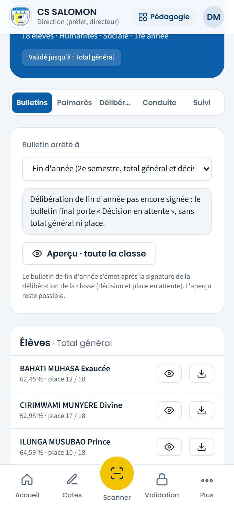 Bulletin de fin d'année avant la signature de la délibération (téléphone)