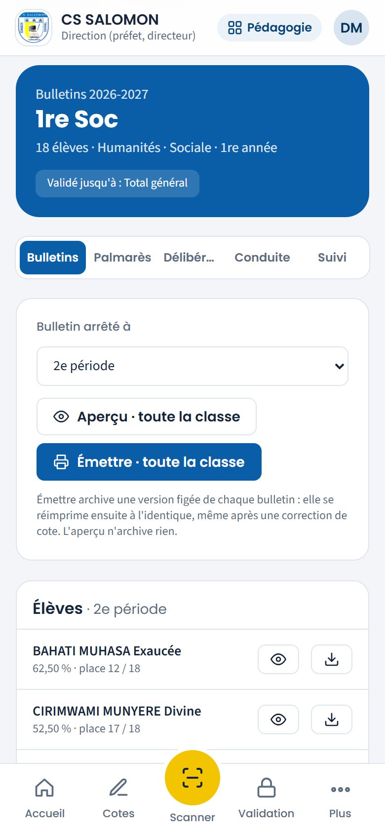 Boutons Aperçu et Émettre des bulletins (téléphone)