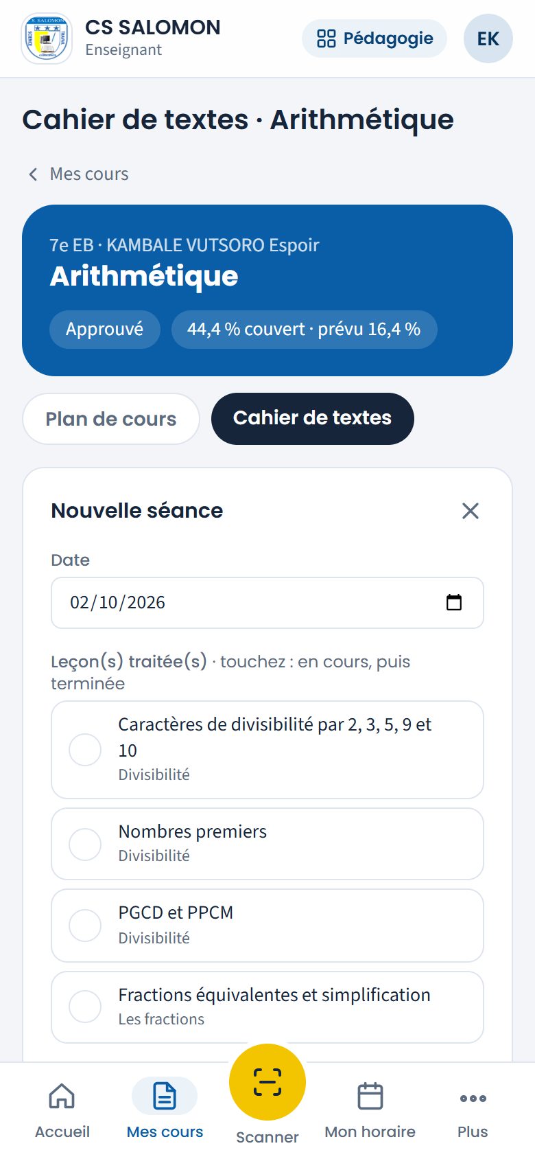 Nouvelle séance au cahier de textes (téléphone)
