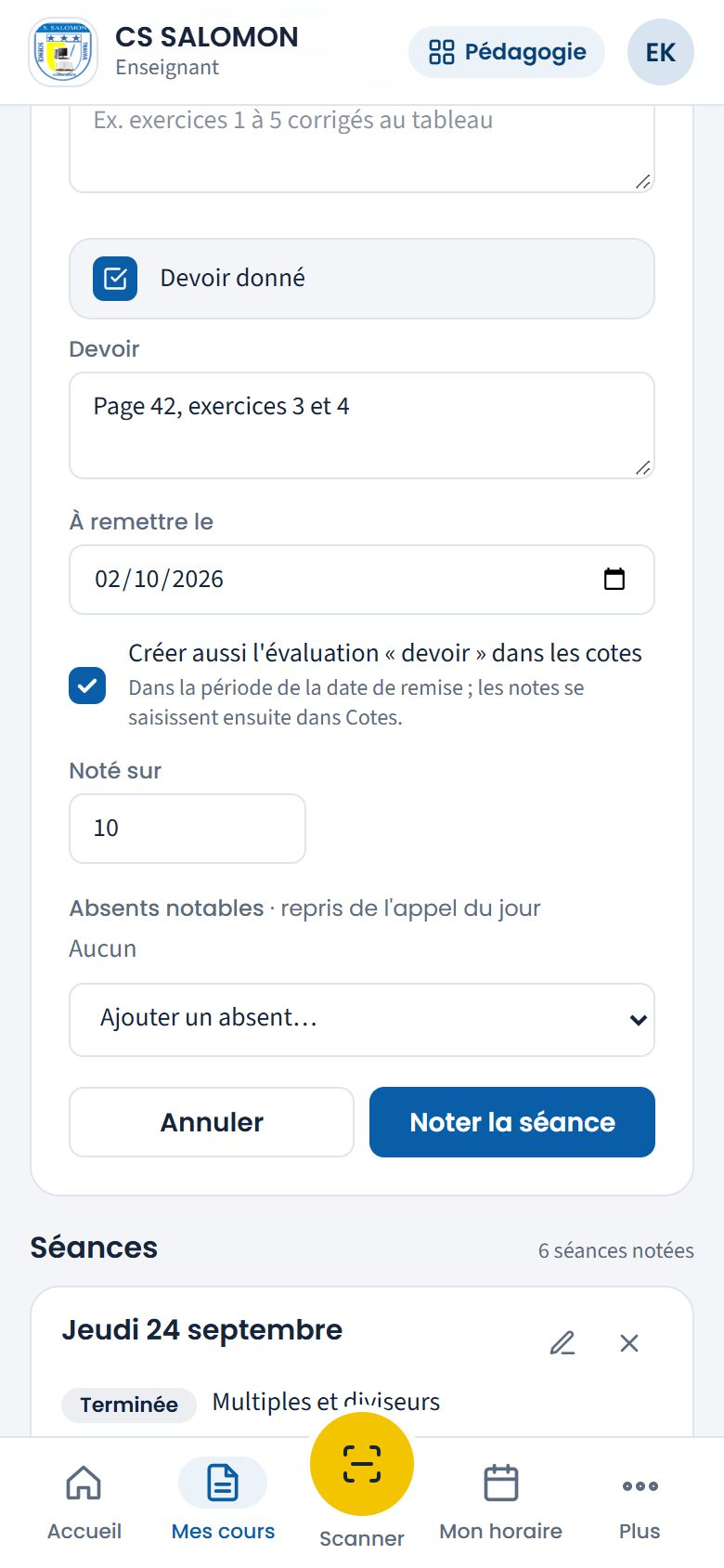 Devoir donné et évaluation créée dans les cotes (téléphone)