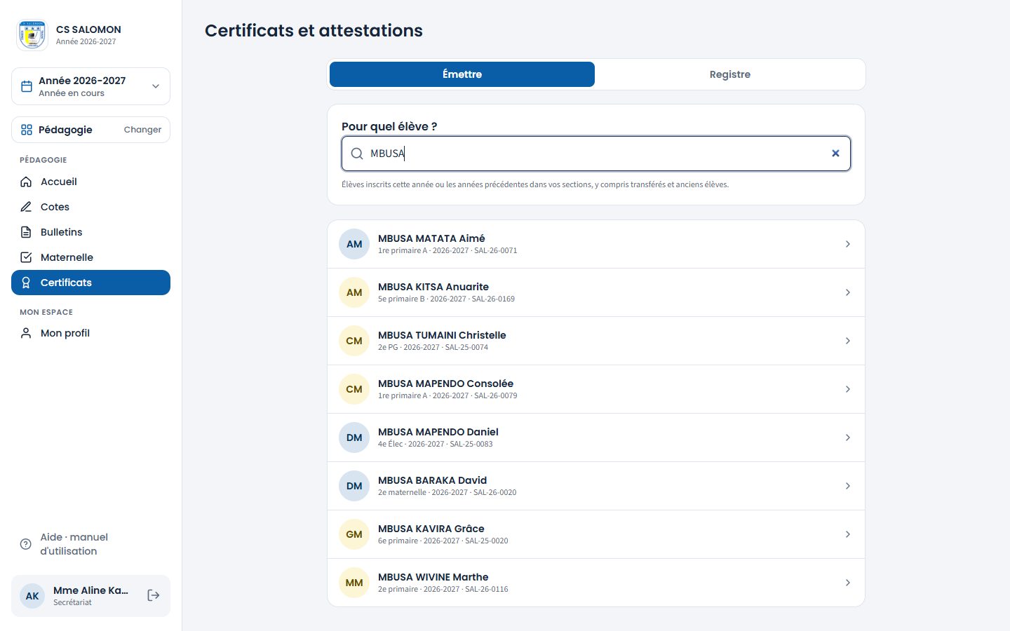 Recherche d'un élève pour un certificat (ordinateur)