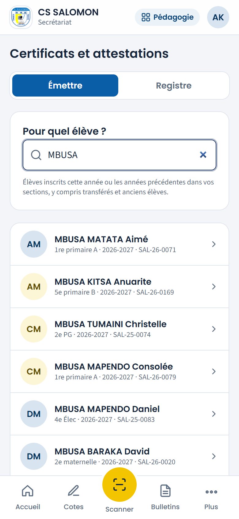 Recherche d'un élève pour un certificat (téléphone)