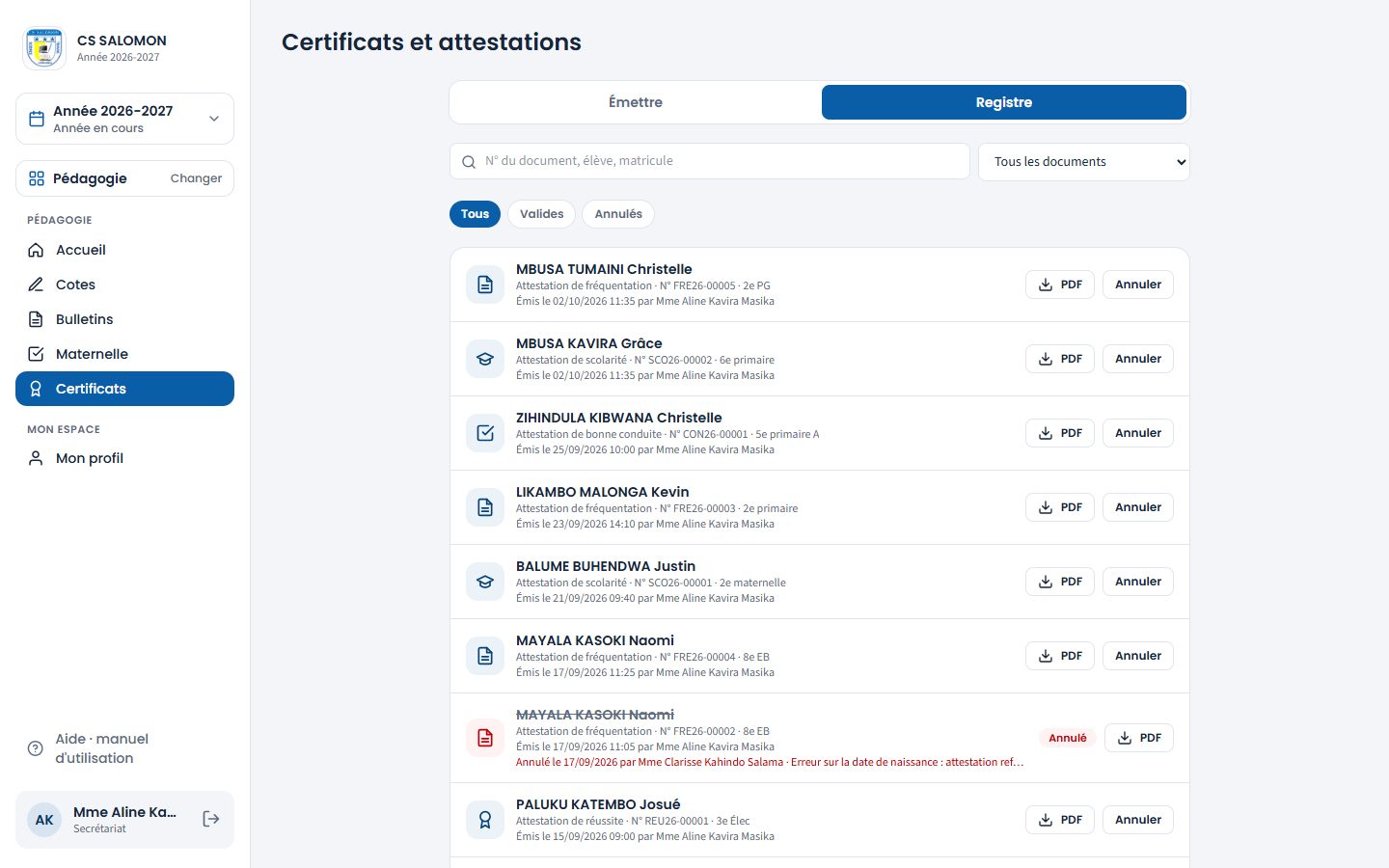 Registre des documents émis (ordinateur)