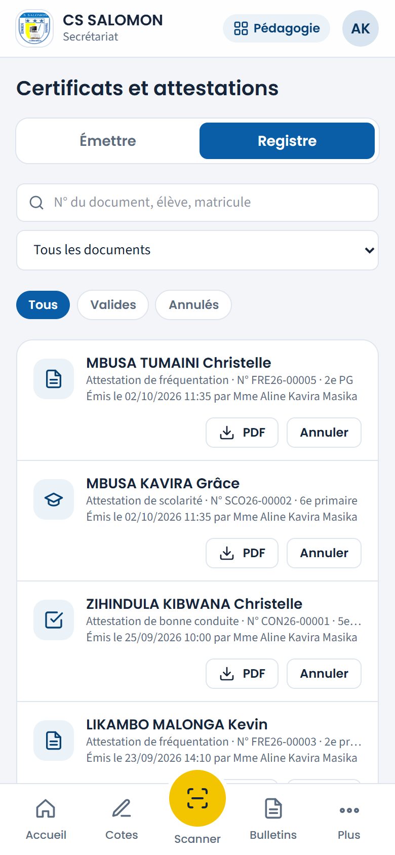 Registre des documents émis (téléphone)