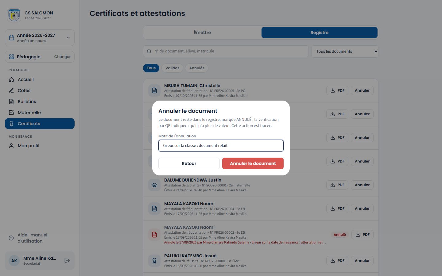 Annulation motivée d'un document (ordinateur)