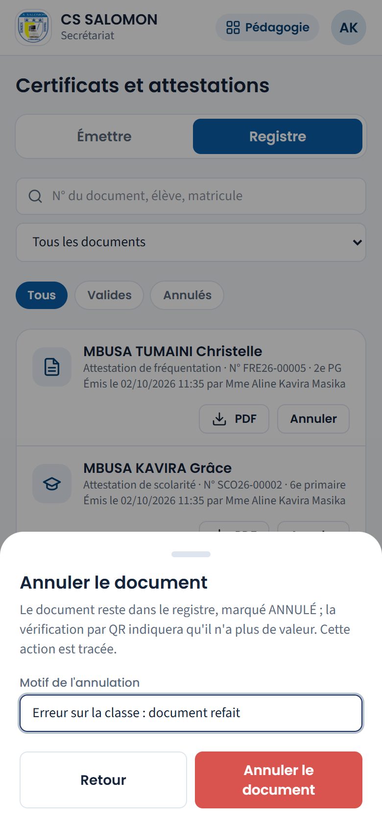 Annulation motivée d'un document (téléphone)