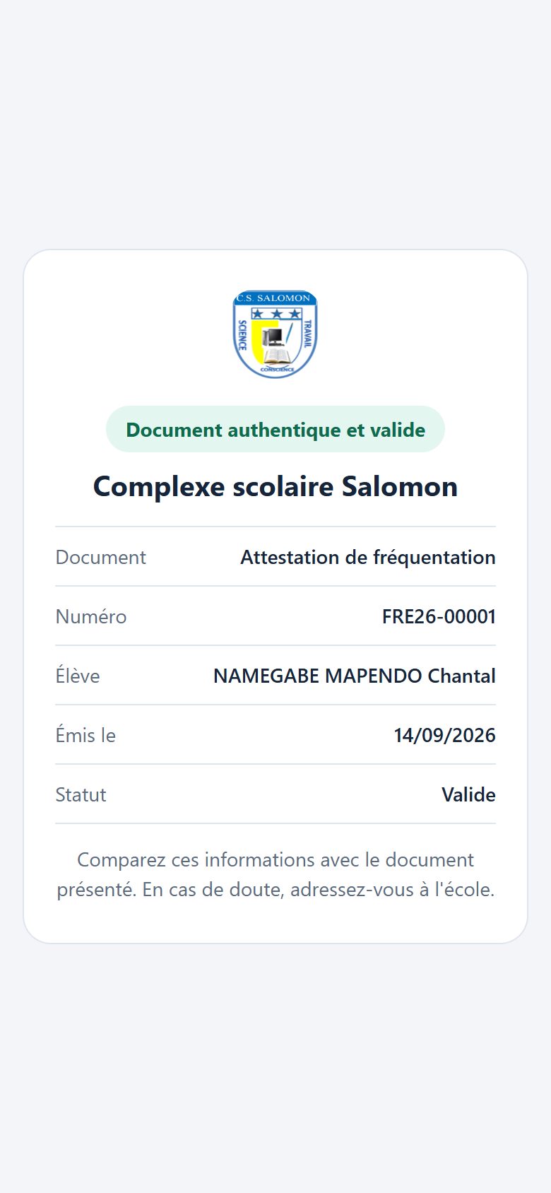 Vérification publique d'un document valide (téléphone)