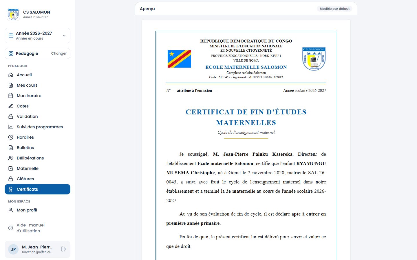 Aperçu du certificat de fin d'études maternelles (ordinateur)