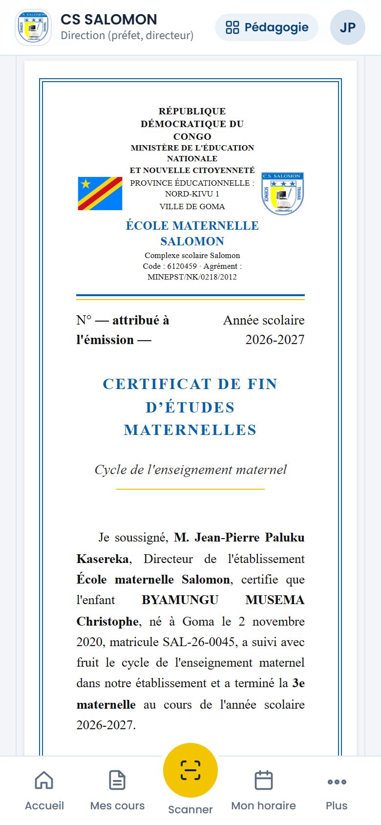 Aperçu du certificat de fin d'études maternelles (téléphone)