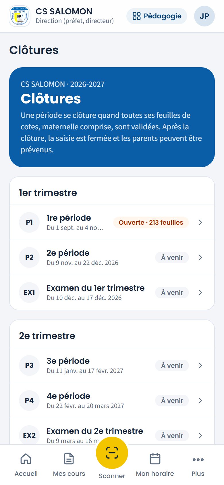 Clôtures du calendrier en trimestres (téléphone)