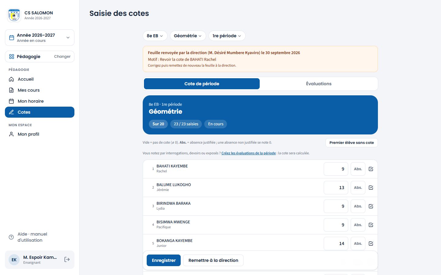 Feuille renvoyée par le préfet (ordinateur)